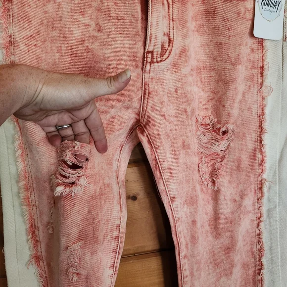 POL 💜 NWT Acid Wash Red White Straight Crop Distressed Jeans Grunge Boho S X24" - Picture 3 of 13